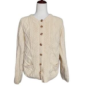 Irish Traditional Hand Knit Wool Button Down Sweater M/L Cable Knit Fisherman